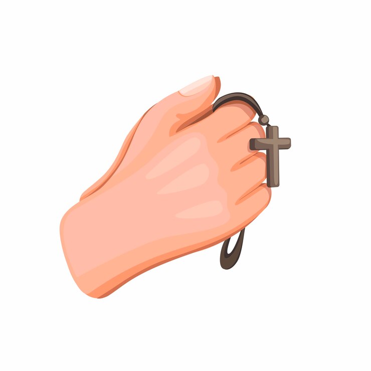 Vetor mão segurando o rosário com cruz símbolo, pessoas religiosas, rezando na ilustração dos desenhos animados