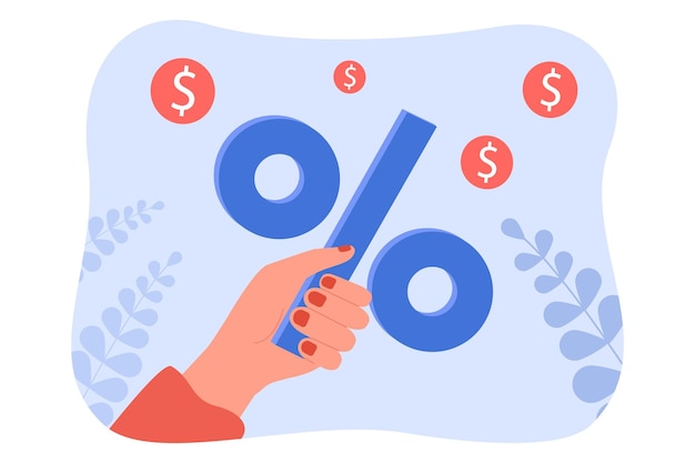 Mão segurando o sinal de porcentagem entre moedas de dinheiro a voar. Campanha publicitária de descontos para ilustração vetorial plana de pessoa. Conceito de interesse financeiro para banner, design de site ou página da web de destino