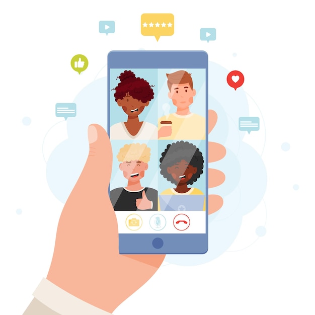 Mão segurando o smartphone com bate-papo de conferência de reunião on-line Conceito de bate-papo por vídeo com bolhas de notificação Ilustração vetorial