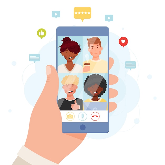 Mão segurando o smartphone com bate-papo de conferência de reunião on-line conceito de bate-papo por vídeo com bolhas de notificação ilustração vetorial