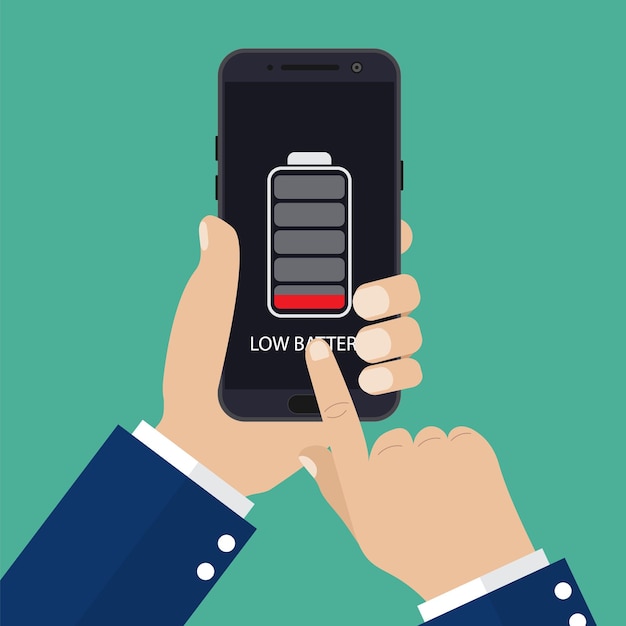 Mão segurando o smartphone com bateria fraca na tela Ilustração vetorial em estilo simples