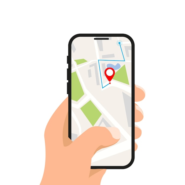 Mão segurando o smartphone com caminho do mapa da cidade e marca de localização na tela navegação por gps móvel e conceito de rastreamento aplicativo de navegação com mapa e pino de localização ilustração plana em vetor