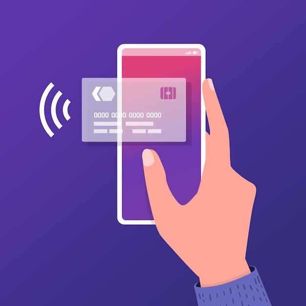 Mão segurando o smartphone com cartão de crédito na tela.