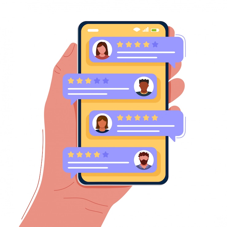 Vetor mão segurando o smartphone com classificações dos clientes