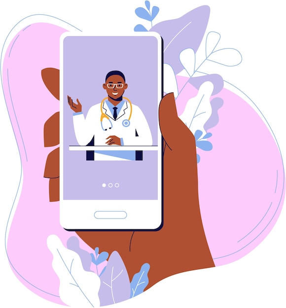 Vetor mão segurando o smartphone com consulta on-line do black doctor