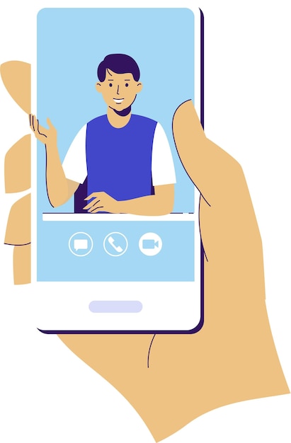Mão segurando o smartphone com jovem na tela