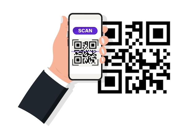 Mão segurando o smartphone com leitor de código QR. Leitor de código QR. Digitalizando código QR, código de barras no celular - conceito de pagamento sem contato, compras online, tecnologia sem dinheiro