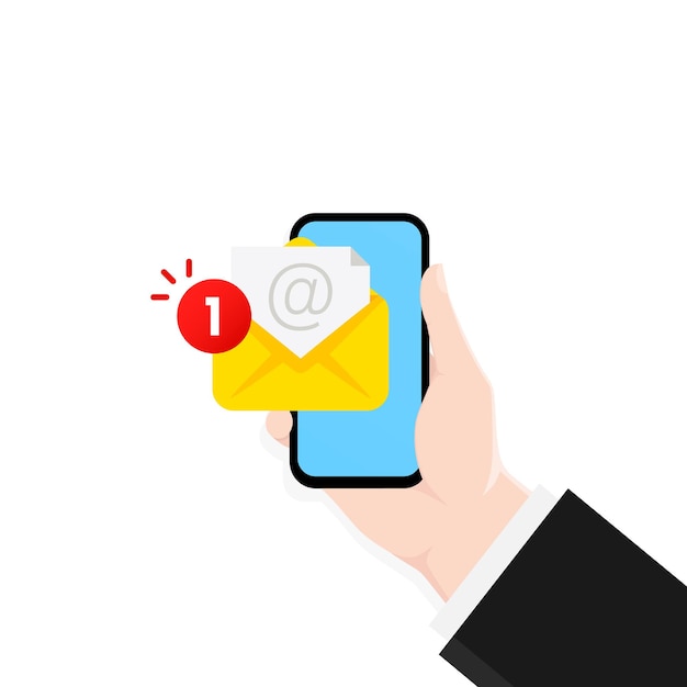 Vetor mão segurando o smartphone com nova notificação de mensagem na tela.