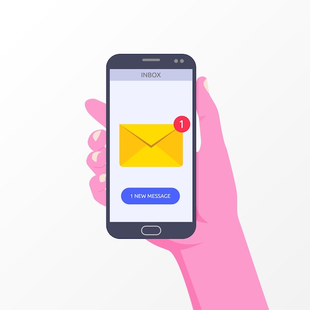 Mão segurando o smartphone com nova notificação de mensagem no símbolo de tela do telefone.