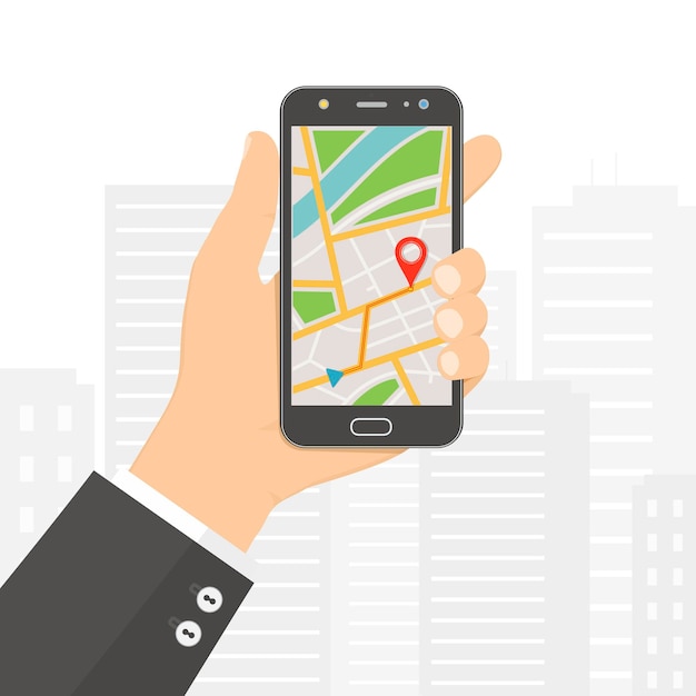 Mão segurando o smartphone com o navegador gps do mapa da cidade na tela do smartphone