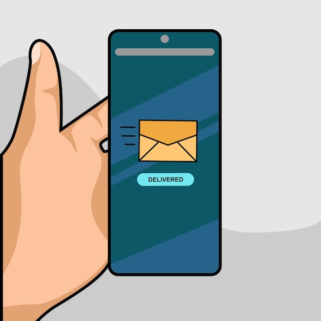Mão segurando o smartphone com símbolo de e-mail na tela mensagem entregue na tela do smartphone