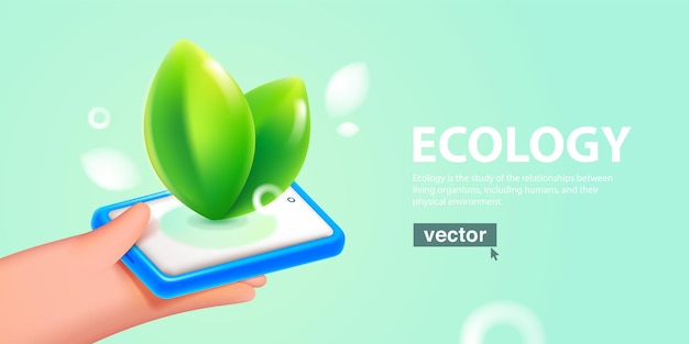 Vetor mão segurando o smartphone com tela branca e folhas verdes eco modelo de banner web