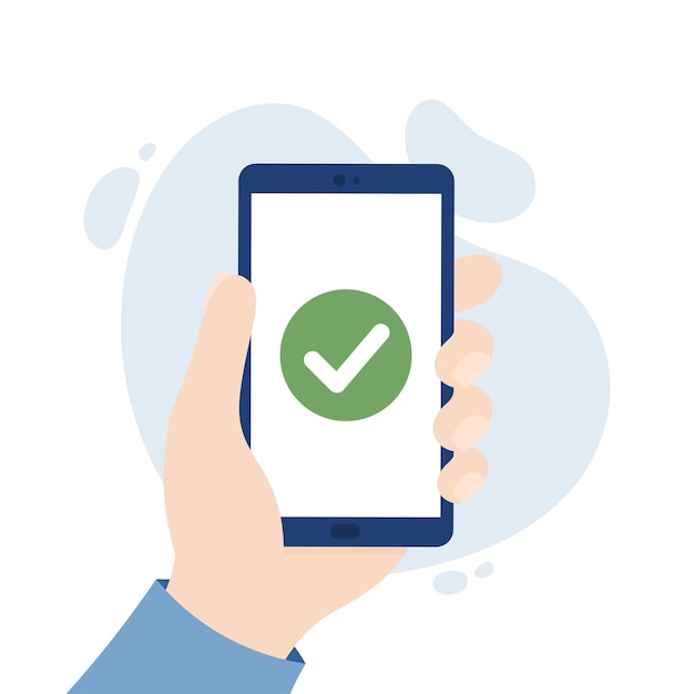 Mão segurando o smartphone com um ícone de marca de seleção Pagamento ou transação aprovada