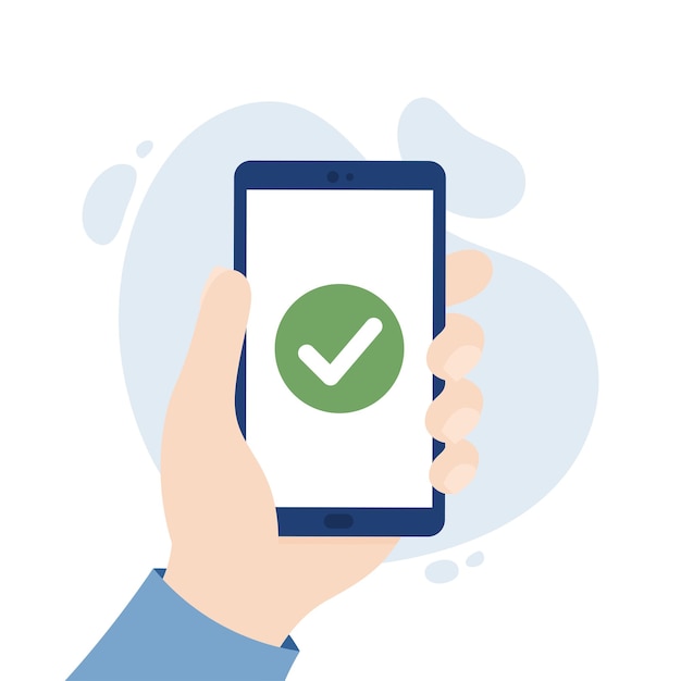 Mão segurando o smartphone com um ícone de marca de seleção pagamento ou transação aprovada