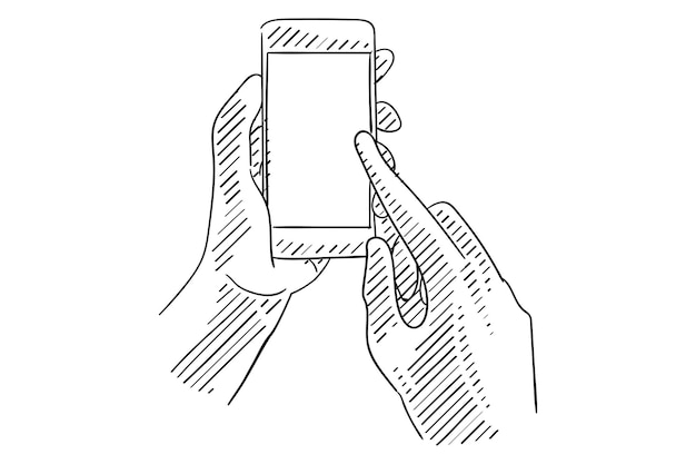 Vetor mão segurando o smartphone e design de ilustração vetorial de estilo de desenho usado