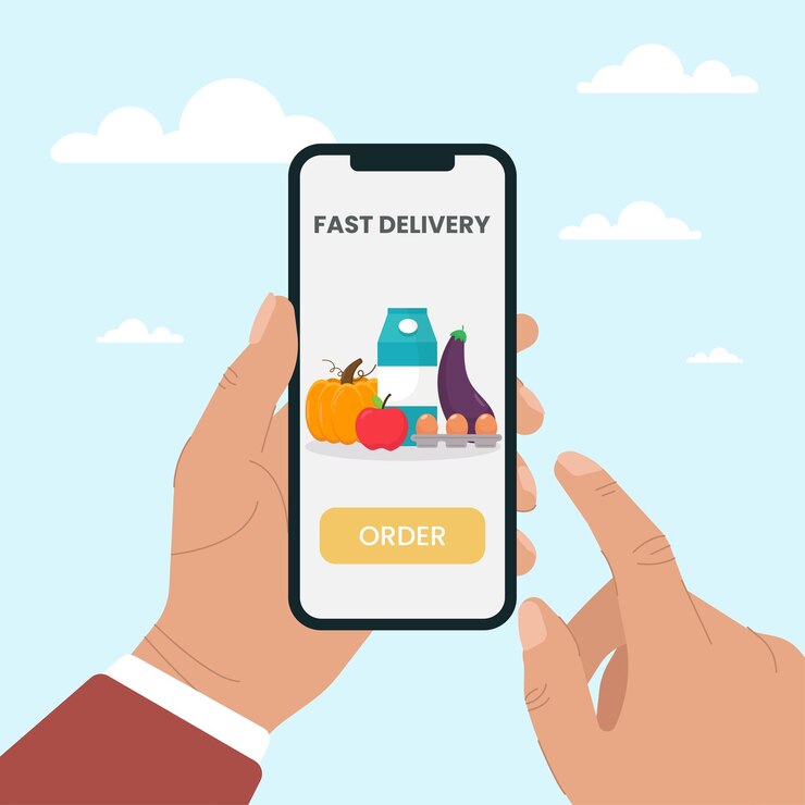 Vetor mão segurando o smartphone móvel com aplicativo móvel de serviço de entrega rápida. supermercado online