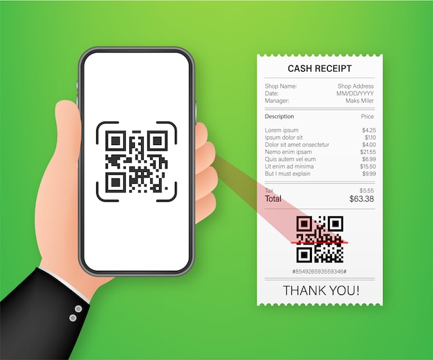 Mão segurando o smartphone para digitalizar o código qr no papel para obter detalhes. ilustração em vetor das ações.