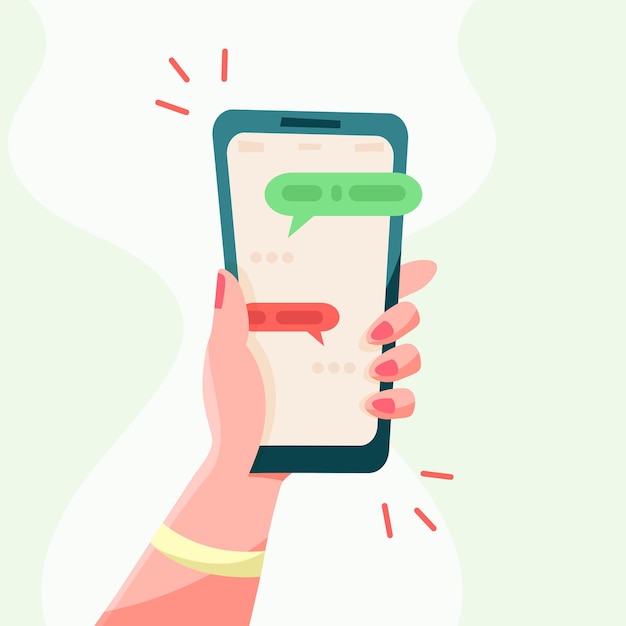 Mão segurando o telefone com mensagens curtas, ícones e emoticons. Conversar com amigos e enviar novas mensagens. ilustração em vetor design plano tela do smartphone.