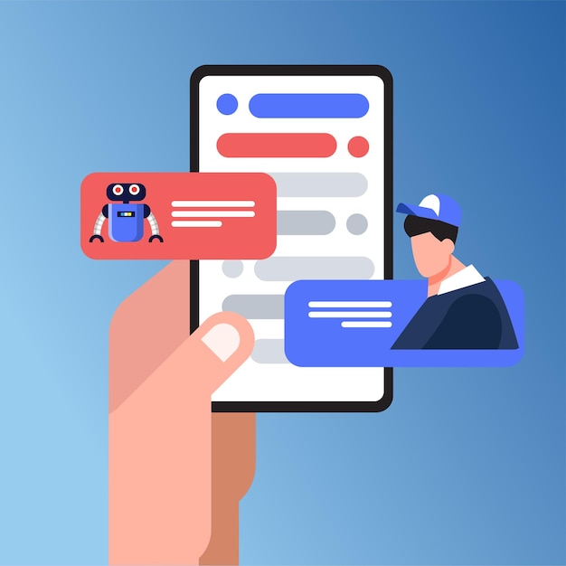 Mão segurando o telefone com o garoto da conversa e o aplicativo móvel do bot de bate-papo on-line