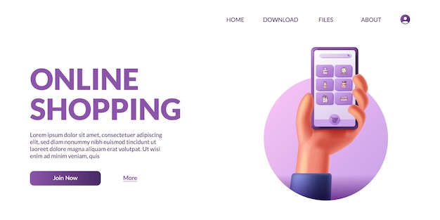 Vetor mão segurando o telefone inteligente móvel fofo 3d com loja de aplicativos de comércio eletrônico. conceito de ilustração de compras online com ícone 3d.
