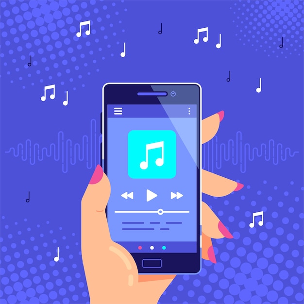 Vetor mão segurando o telefone moderno tocando áudio ou rádio. interface de usuário do reprodutor de música no smartphone. aplicativo de player de mídia.