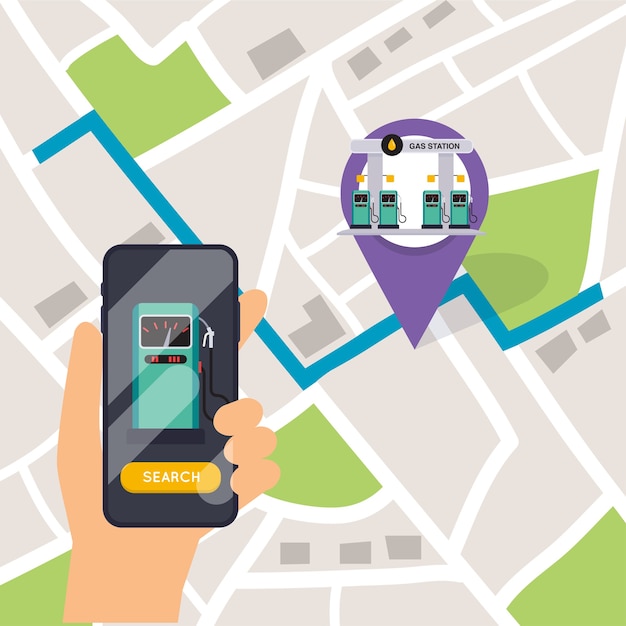 Mão segurando o telefone móvel inteligente com posto de gasolina de pesquisa de aplicativo. Encontre o mais próximo no mapa da cidade.