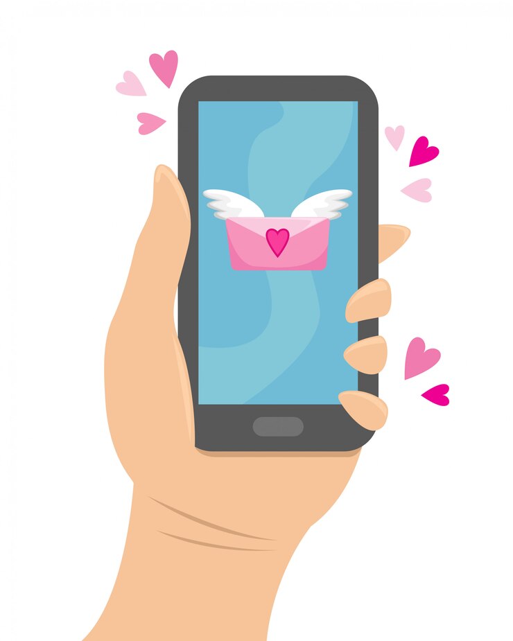 Vetor mão segurando o telefone para o qual veio uma mensagem de amor.