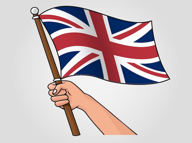 Mão segurando o vetor de bandeira ondulada nacional do reino unido