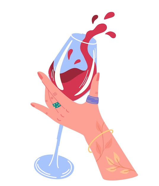 Mão segurando um copo de vinho felicidades ou torradas copo com vinho tinto na mão feminina celebração do sucesso ideal para imprimir cartões postais e cartazes ilustração em vetor de desenhos animados modernos