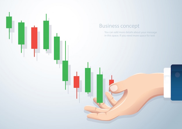 Mão segurando um fundo de vetor de mercado de ações de gráfico de castiçal