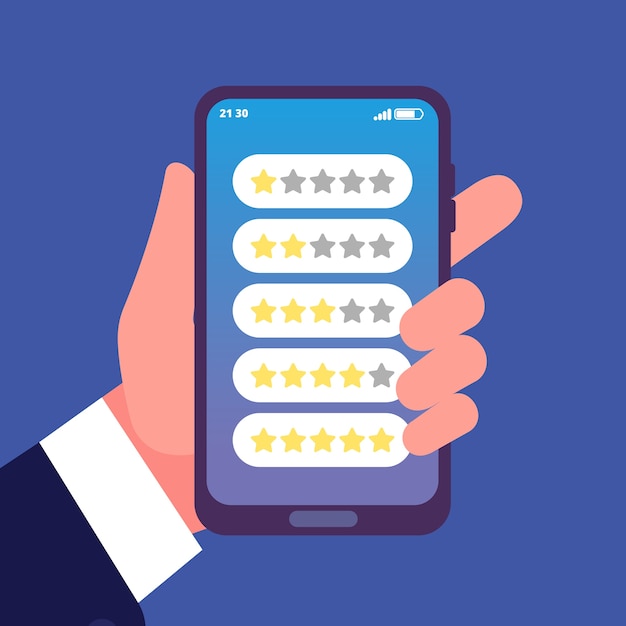 Mão segurando um smartphone com estrelas de feedback ou avaliação