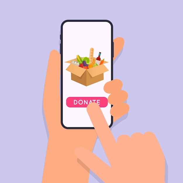 Mão segurando um smartphone móvel com aplicativo de doação
