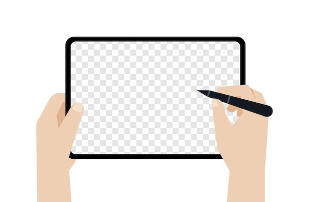 Mão segurando um tablet de tela grande enquanto usa lápis stylus Vetor