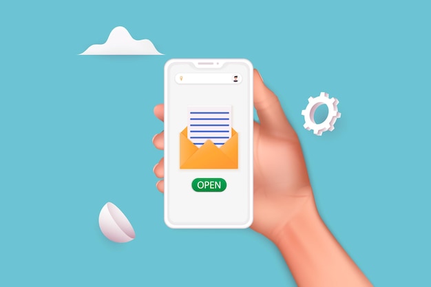 Mão segurando um telefone móvel inteligente com aplicativo de e-mail Conceito de serviço de e-mail
