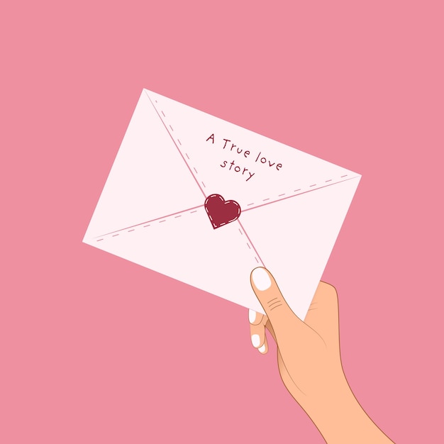 Mão segurando uma carta de amor com uma verdadeira história de amor em fundo rosa Dia dos Namorados