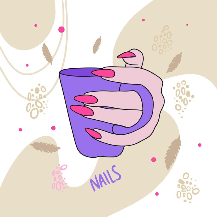 Vetor mão segurando uma xícara de unhas na moda manicure design de unhas