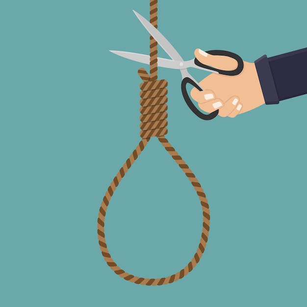 Vetor mão segure uma tesoura e corte a corda ilustração plana de suicídio