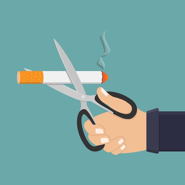 Mão segure uma tesoura e corte cigarro illustrartion plana