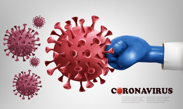 Mão usando uma luva de boxe azul lutando com o vírus covid-19. lutar contra o conceito de coronavírus. ilustração.