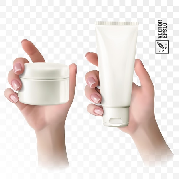 Vetor mão vetorial realista em 3d segurando tubo e frasco de cosméticos