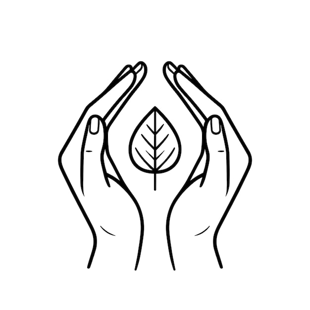 Mãos abraçam a folha ícone linear preto isolado emblema ecológico silueta de uma mão atenciosa com uma folha a mão protege a folha ilustração vetorial