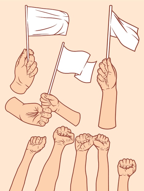 Mãos acenando ilustração de bandeiras vazias brancas