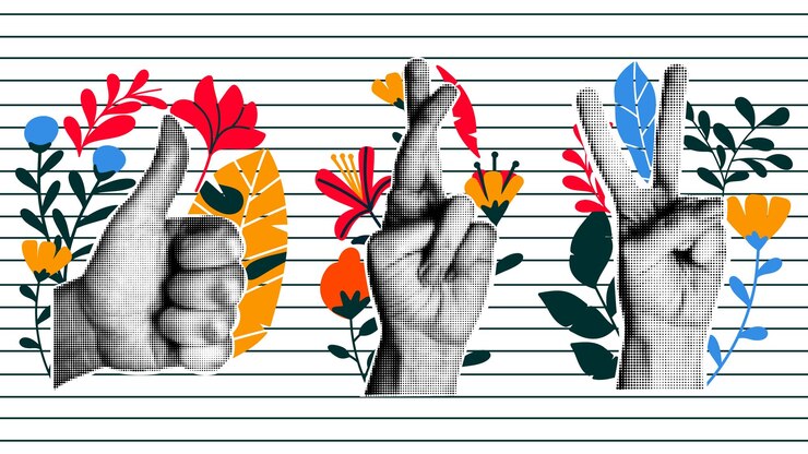 Vetor mãos com diferentes gestos e flores abstratas design vintage obra de arte ilustração vetorial