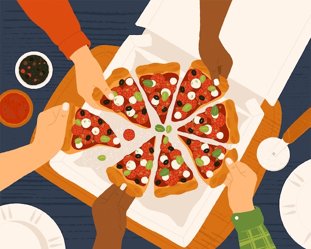 Mãos com fatias de pizza Pessoas de desenho animado segurando pedaços de pizza com queijo e pepperoni Trabalhadores de escritório e amigos comendo juntos Ilustração vetorial