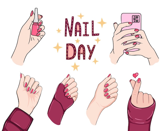 Vetor mãos com lindo conjunto de unhas de manicure ilustração desenhada à mão