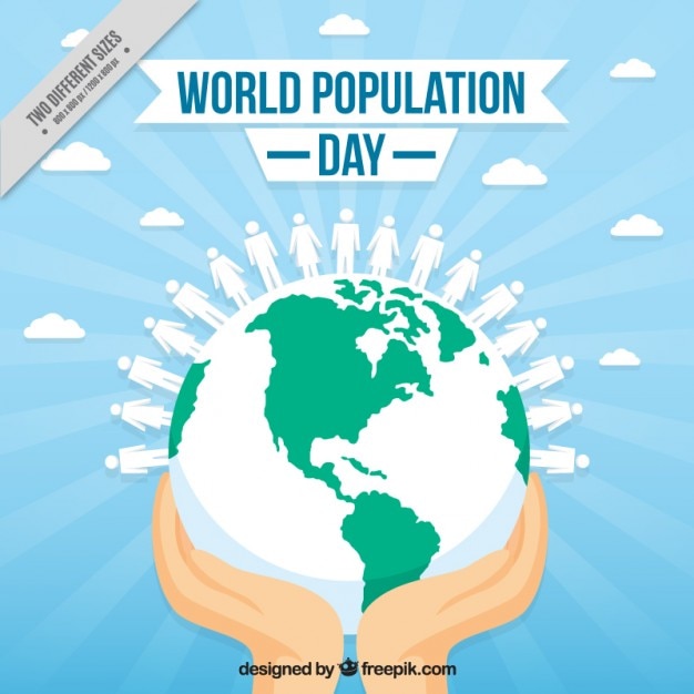 Mãos com o fundo do mundo para o dia da população