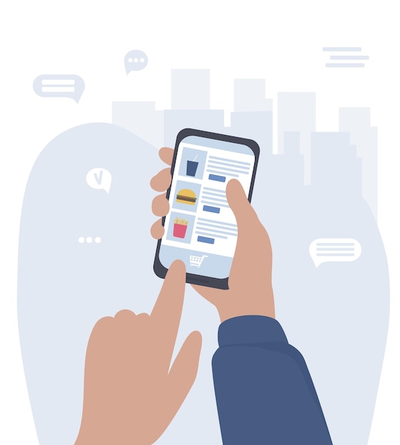 Mãos com smartphone fazem compras online por meio de aplicativos móveis