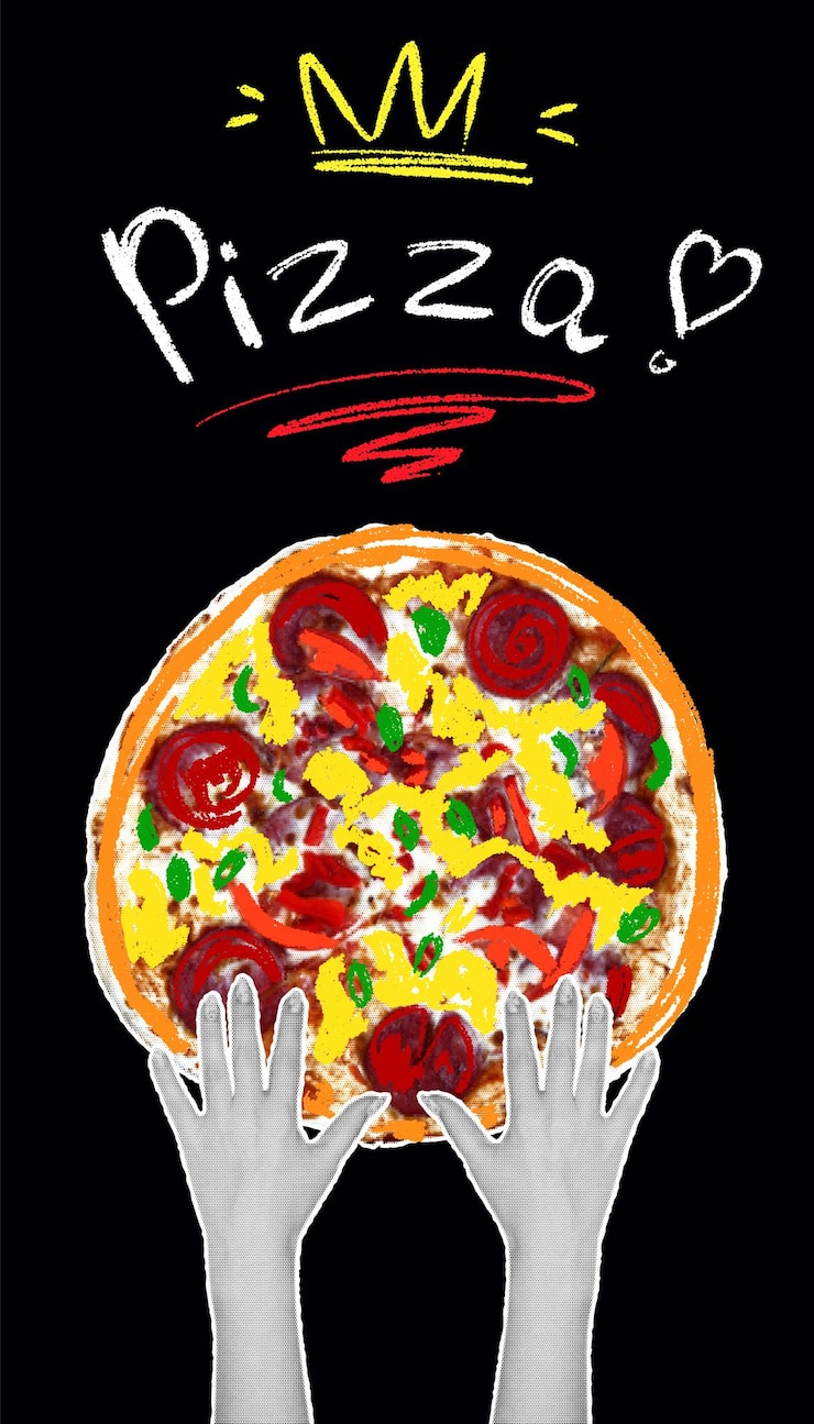 Vetor mãos com um efeito de meio tom estão segurando um banner publicitário vertical de pizza em estilo de colagem retro
