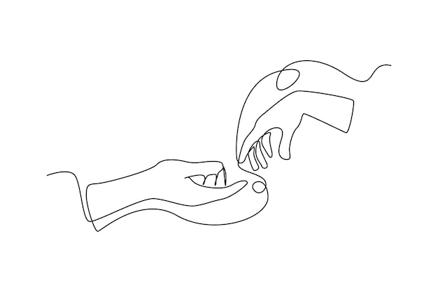 Mãos contínuas de desenho de uma linha alcançando umas às outras conceito de relação humana design de desenho de linha única ilustração gráfica vetorial
