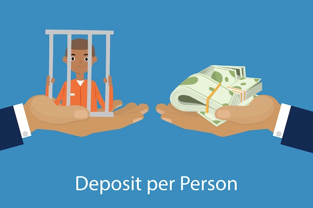 Mãos dando ou oferecendo maço de dinheiro para outra mão com ilustração dos desenhos animados de pessoa presa de depósito por pessoa.